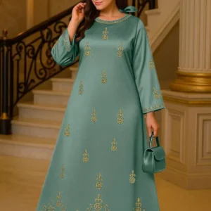 فستان ساتان مستور للمحجبات بإكسسوار سيليكون حراري