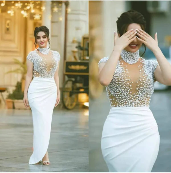 فستان سهرة فاخر بتطريز لؤلؤي أنيق